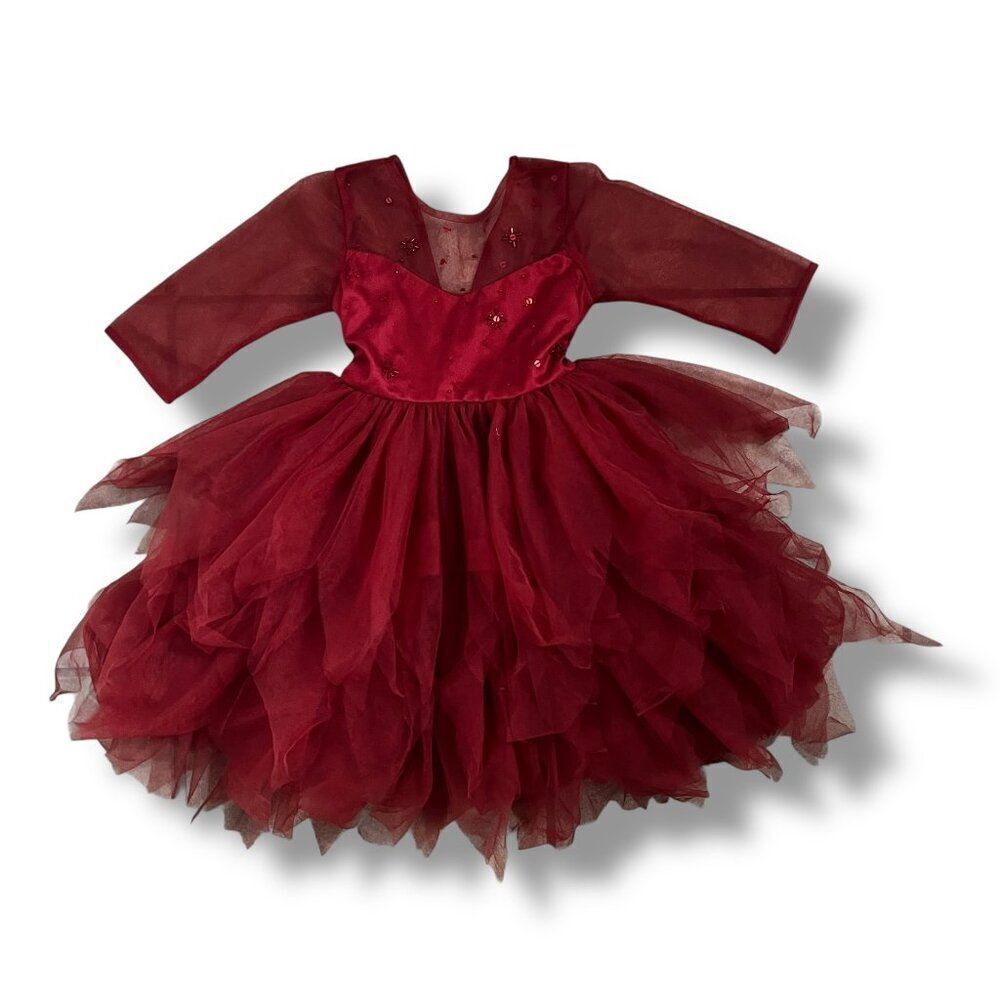 Luna Luna Collection Girls Red Merlot Long Sleeve Amber Tulle Dress Size 2T